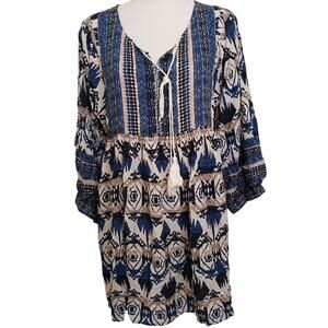 Velzera blouse boho ikat all over print baby doll style top Small